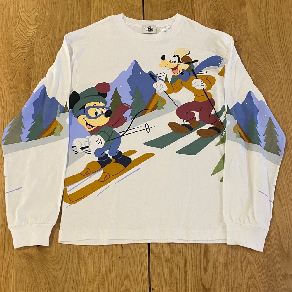 Disney Parks Holiday Homestead Mickey Goofy Skiing Long Sleeve Shirt Unisex S